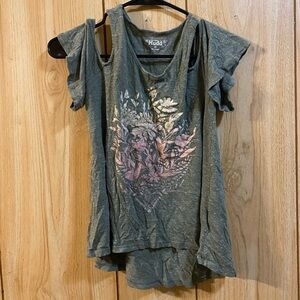 Mudd Olive Tee with Floral Graphic Shoulder Cut Out Size XS